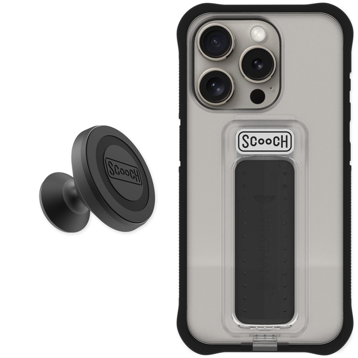 Scooch Wingman Tuxedo Clear for iPhone 15 Pro — Starter Bundle