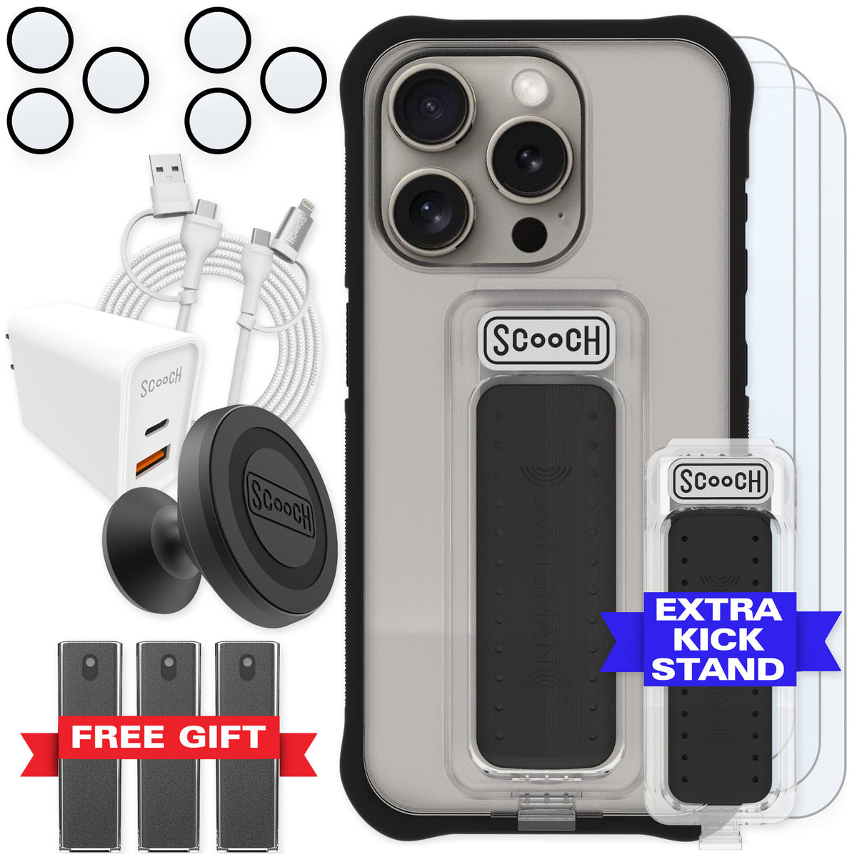 Scooch Wingman Tuxedo Clear for iPhone 15 Pro — Ultimate Bundle