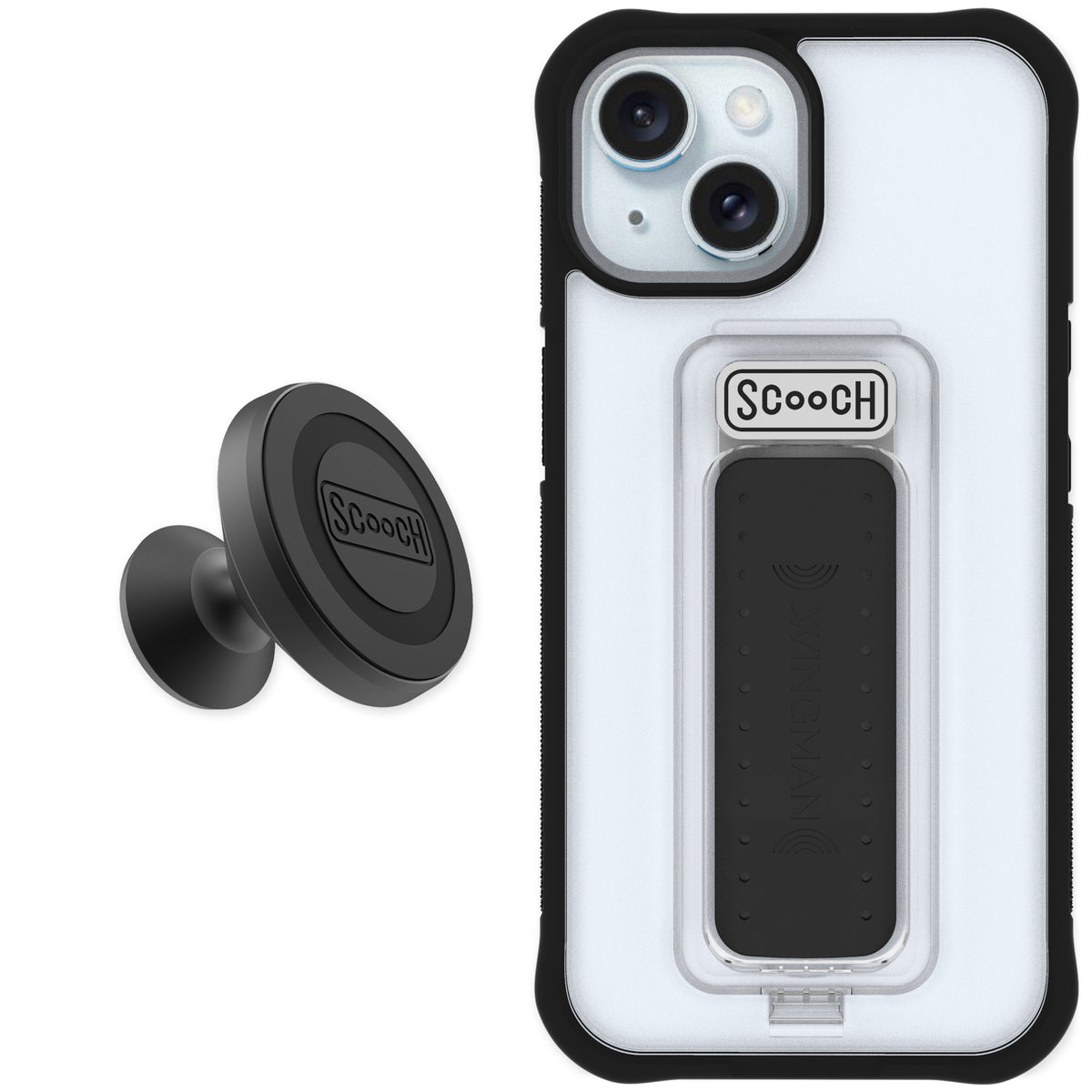 Scooch Wingman Tuxedo Clear for iPhone 15 — Starter Bundle