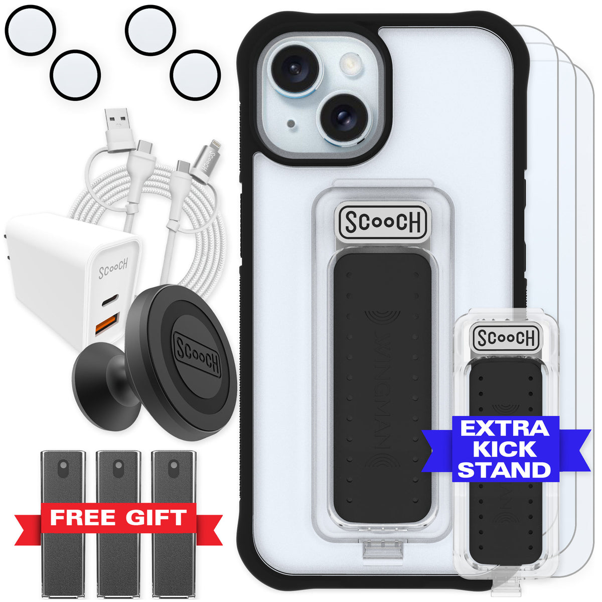 Scooch Wingman Tuxedo Clear for iPhone 15 — Ultimate Bundle