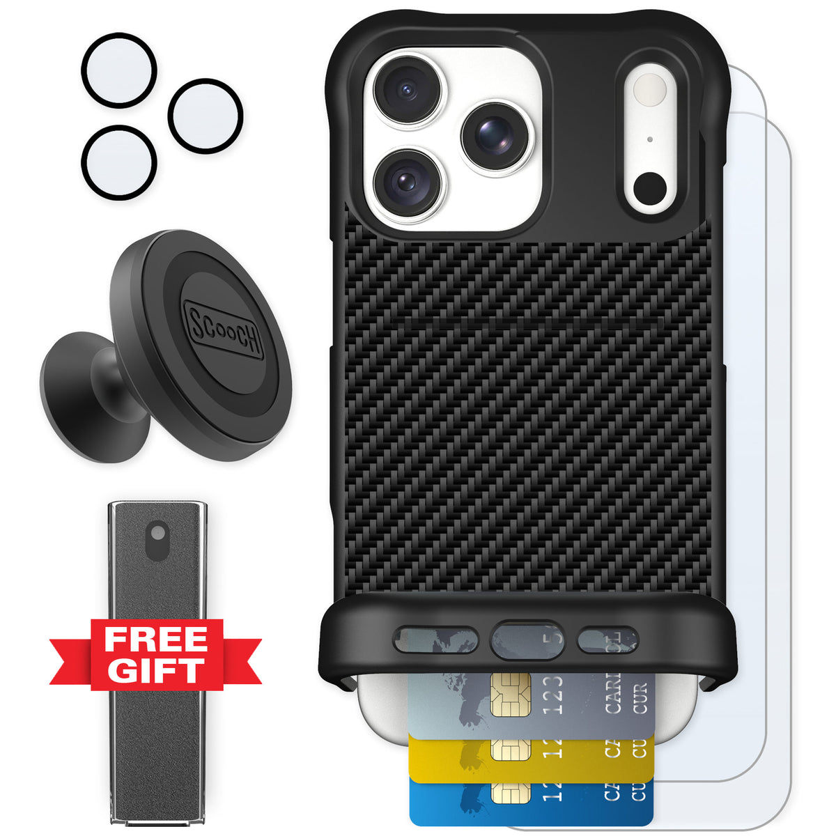 Scooch Wingmate Carbon Fiber for iPhone 18 Pro Max — Defender Bundle