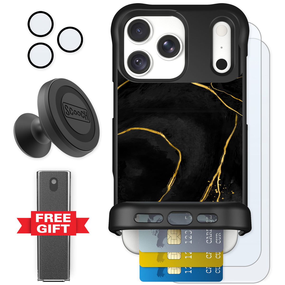 Scooch Wingmate Black Marble for iPhone 18 Pro Max — Defender Bundle