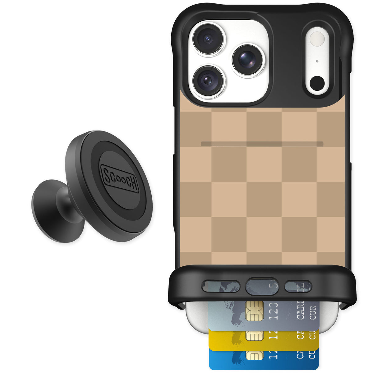 Scooch Wingmate Checkered Beige for iPhone 18 Pro Max — Starter Bundle
