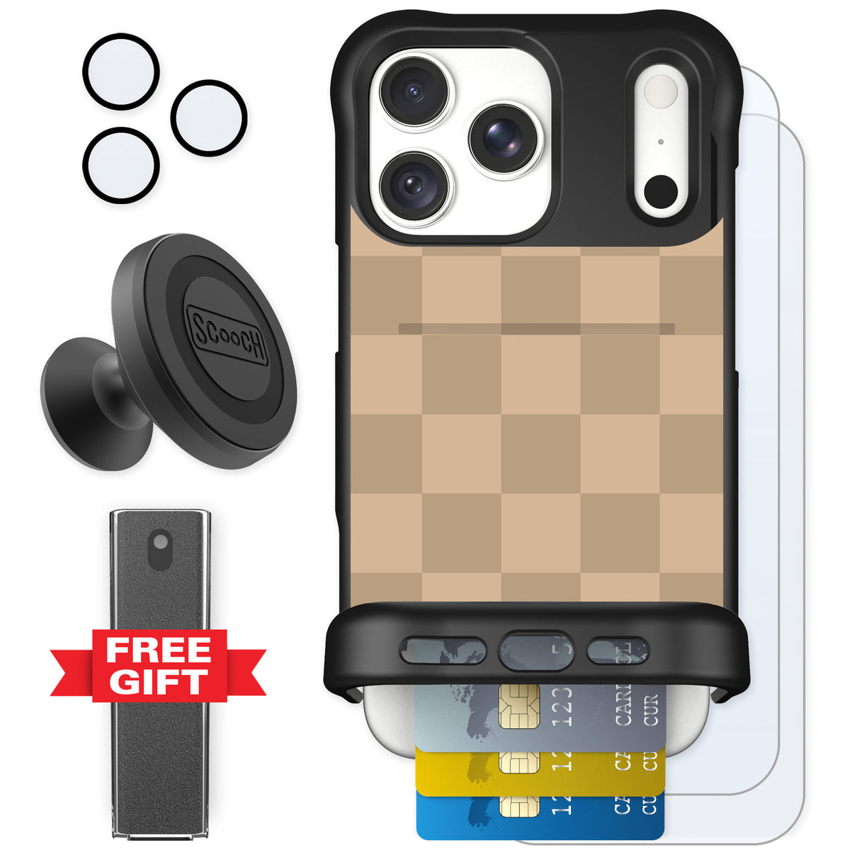 Scooch Wingmate Checkered Beige for iPhone 18 Pro Max — Defender Bundle