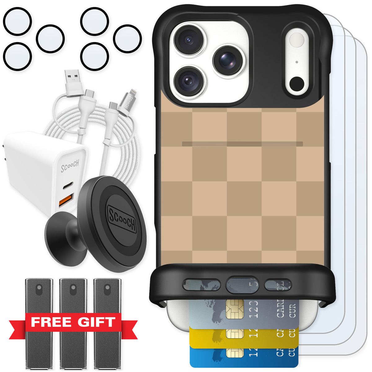 Scooch Wingmate Checkered Beige for iPhone 18 Pro Max — Ultimate Bundle