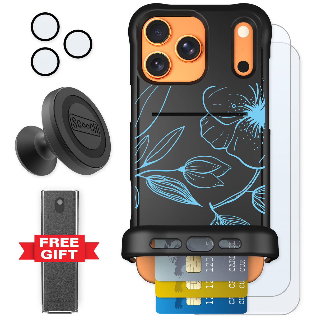 Scooch Wingmate Blue Hibiscus for iPhone 17 Pro Max — Defender Bundle