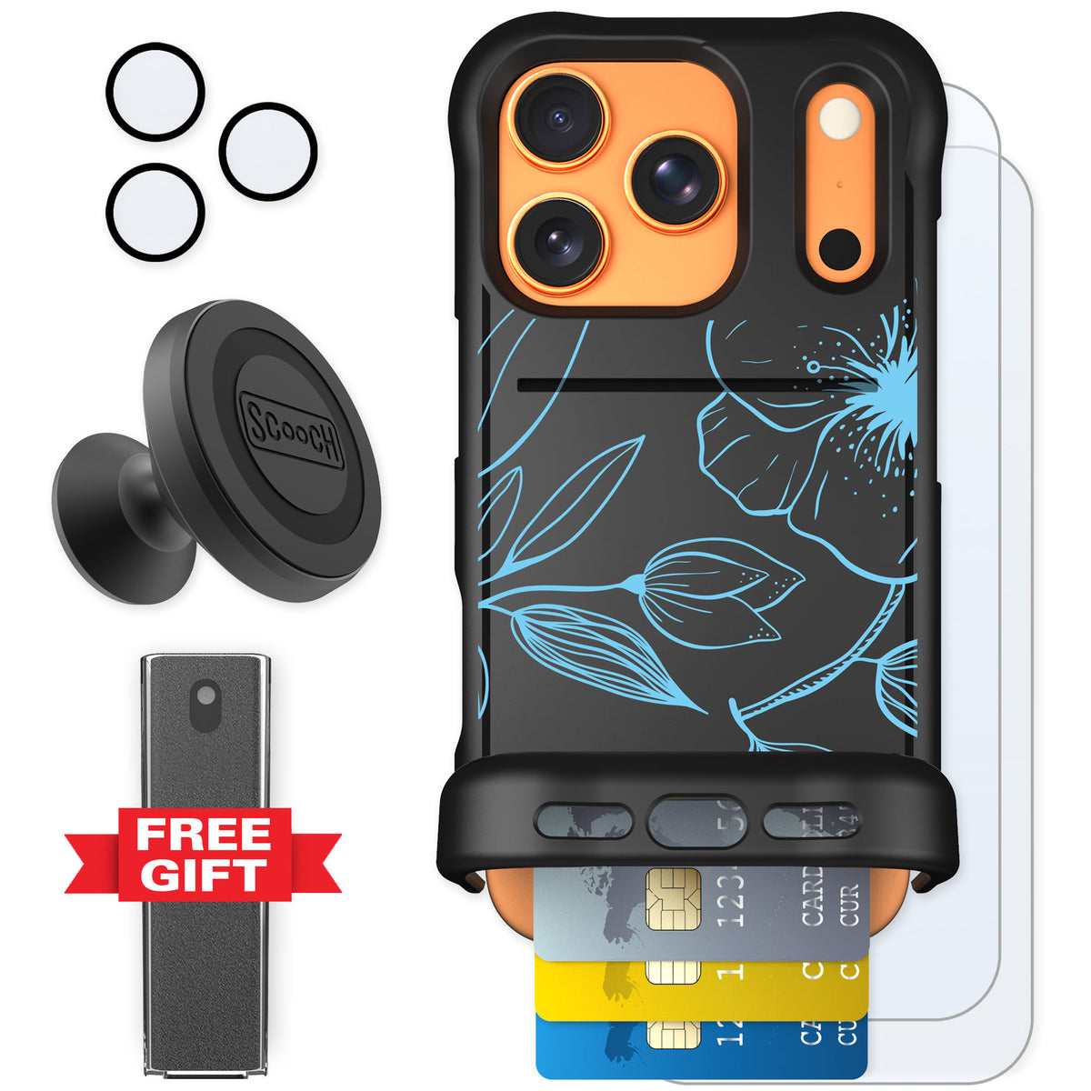Scooch Wingmate Blue Hibiscus for iPhone 17 Pro — Defender Bundle