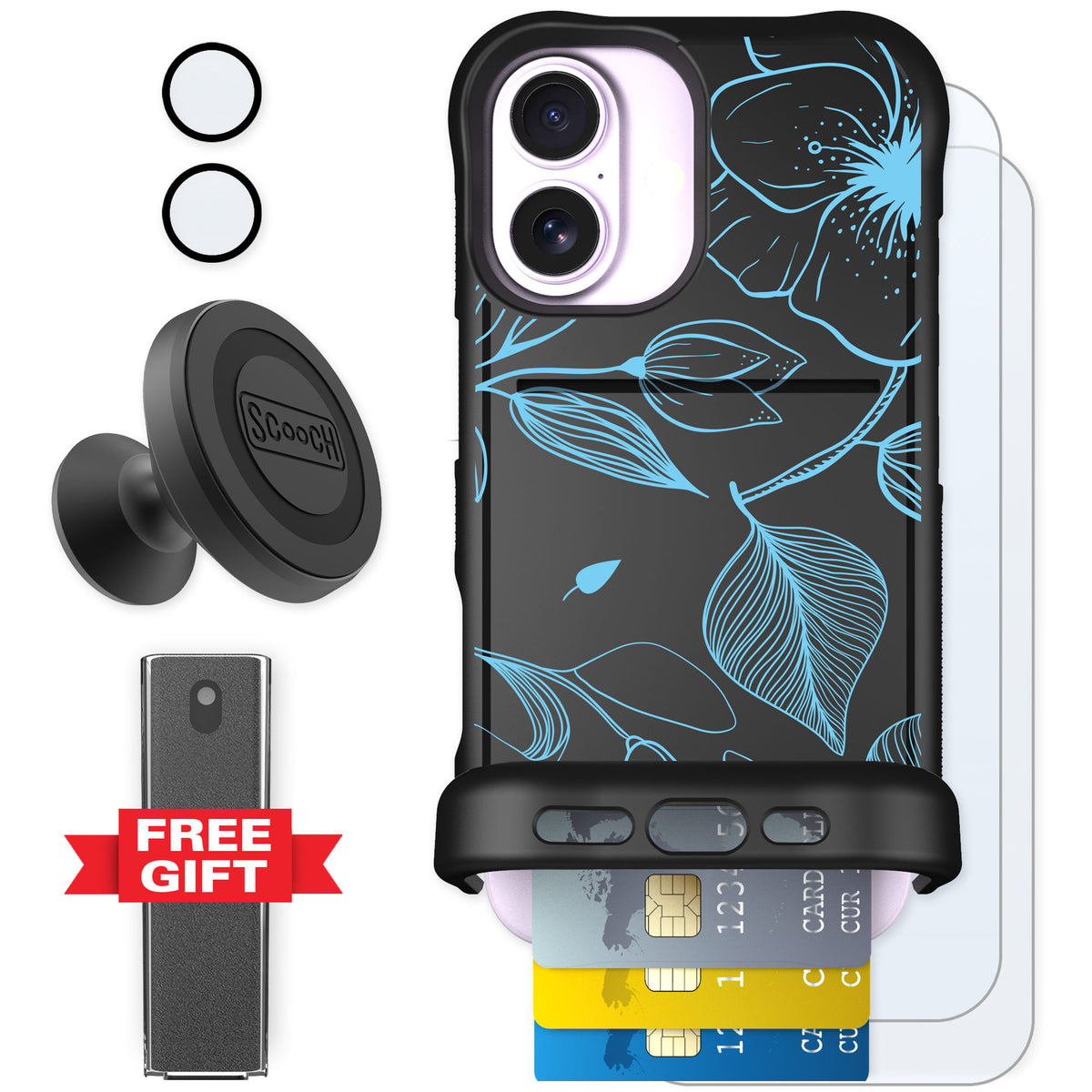 Scooch Wingmate Blue Hibiscus for iPhone 17 — Defender Bundle