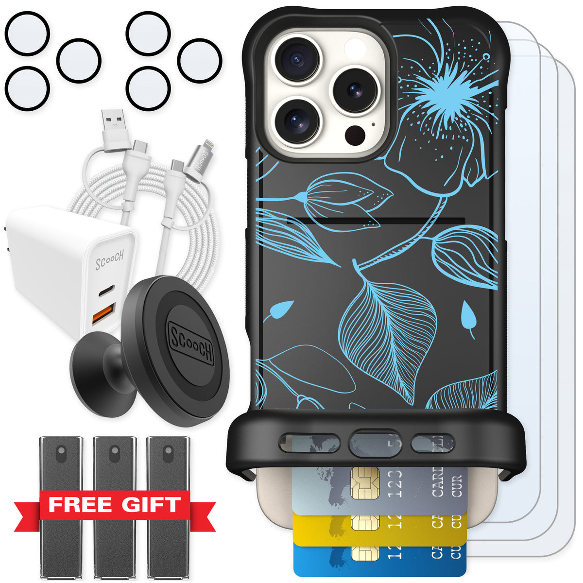 Scooch Wingmate Blue Hibiscus for iPhone 16 Pro Max — Ultimate Bundle