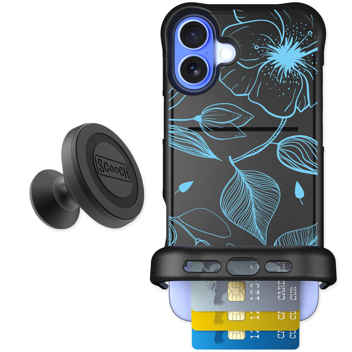 Scooch Wingmate Blue Hibiscus for iPhone 16 Plus — Starter Bundle