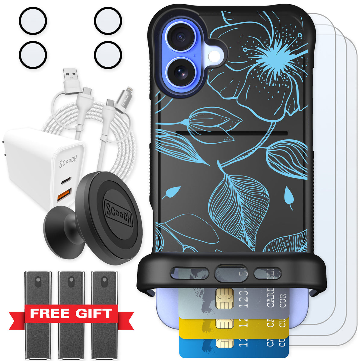 Scooch Wingmate Blue Hibiscus for iPhone 16 Plus — Ultimate Bundle