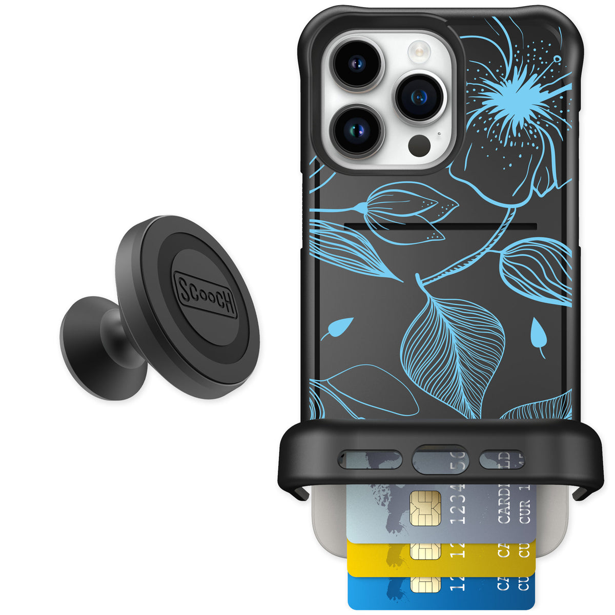 Scooch Wingmate Blue Hibiscus for iPhone 15 Pro Max — Starter Bundle