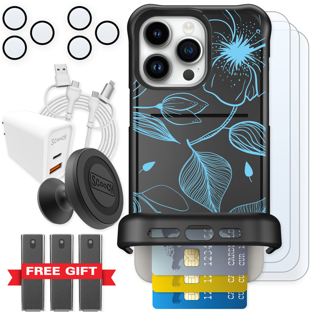 Scooch Wingmate Blue Hibiscus for iPhone 15 Pro Max — Ultimate Bundle
