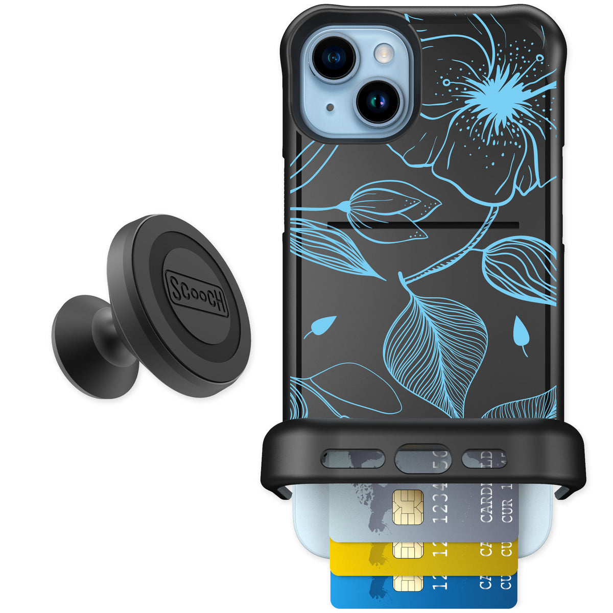 Scooch Wingmate Blue Hibiscus for iPhone 15 Plus — Starter Bundle