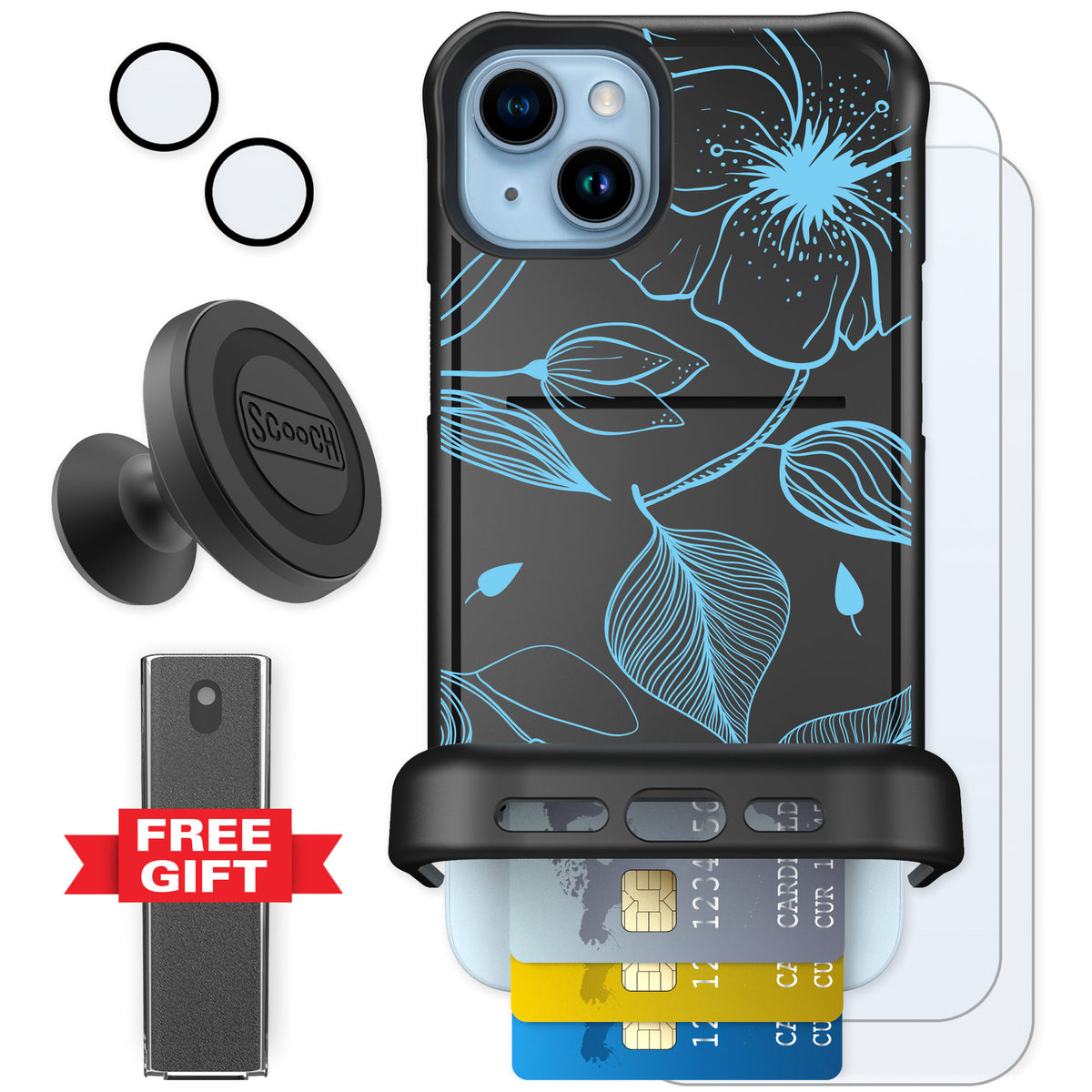 Scooch Wingmate Blue Hibiscus for iPhone 15 Plus — Defender Bundle