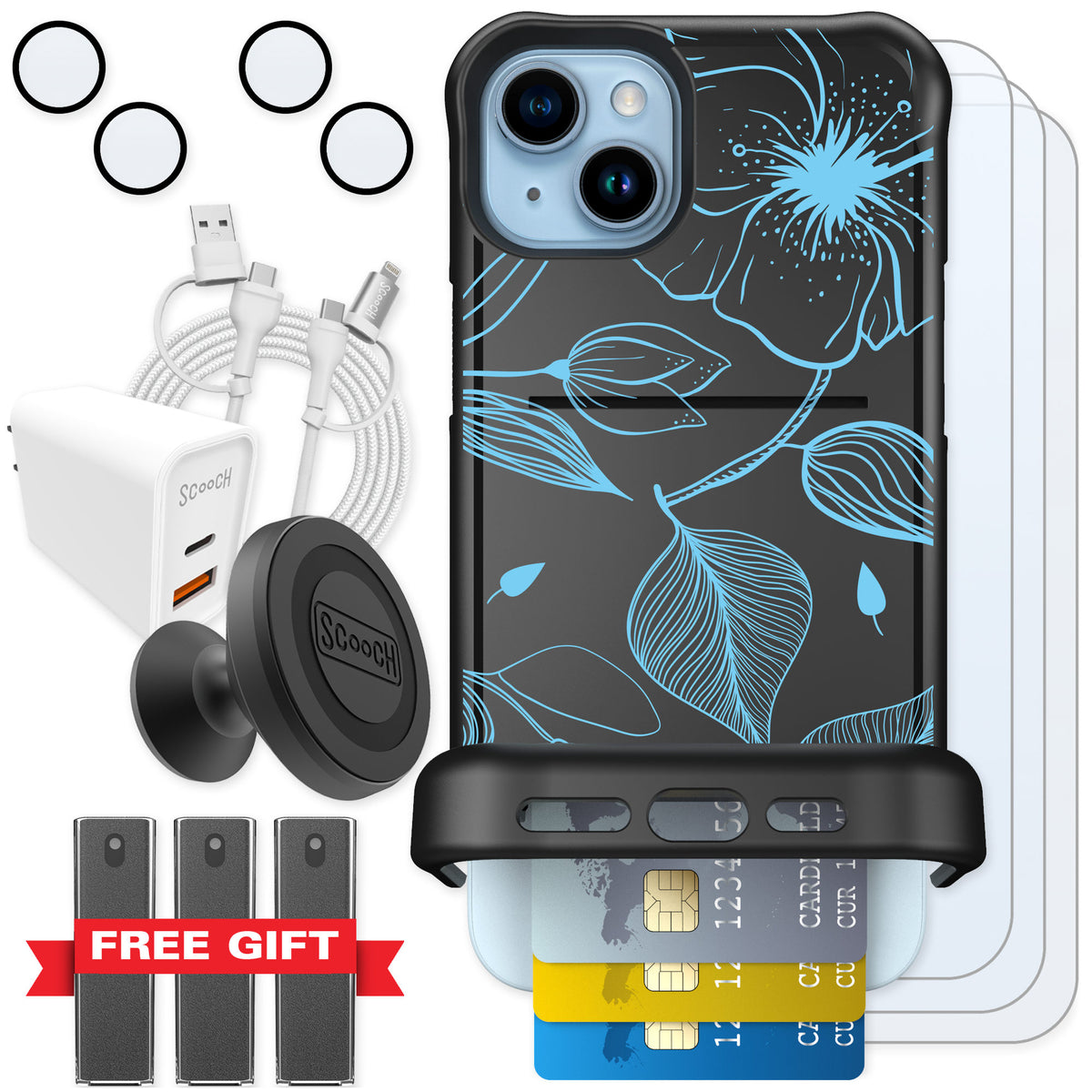 Scooch Wingmate Blue Hibiscus for iPhone 15 Plus — Ultimate Bundle