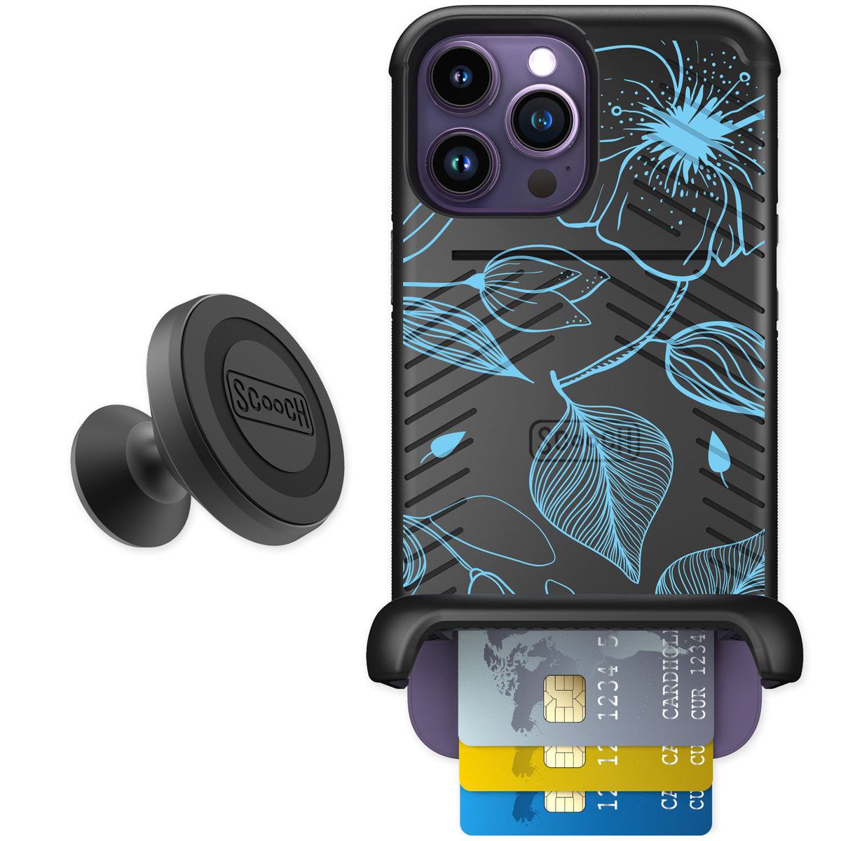 Scooch Wingmate Blue Hibiscus for iPhone 14 Pro Max — Starter Bundle