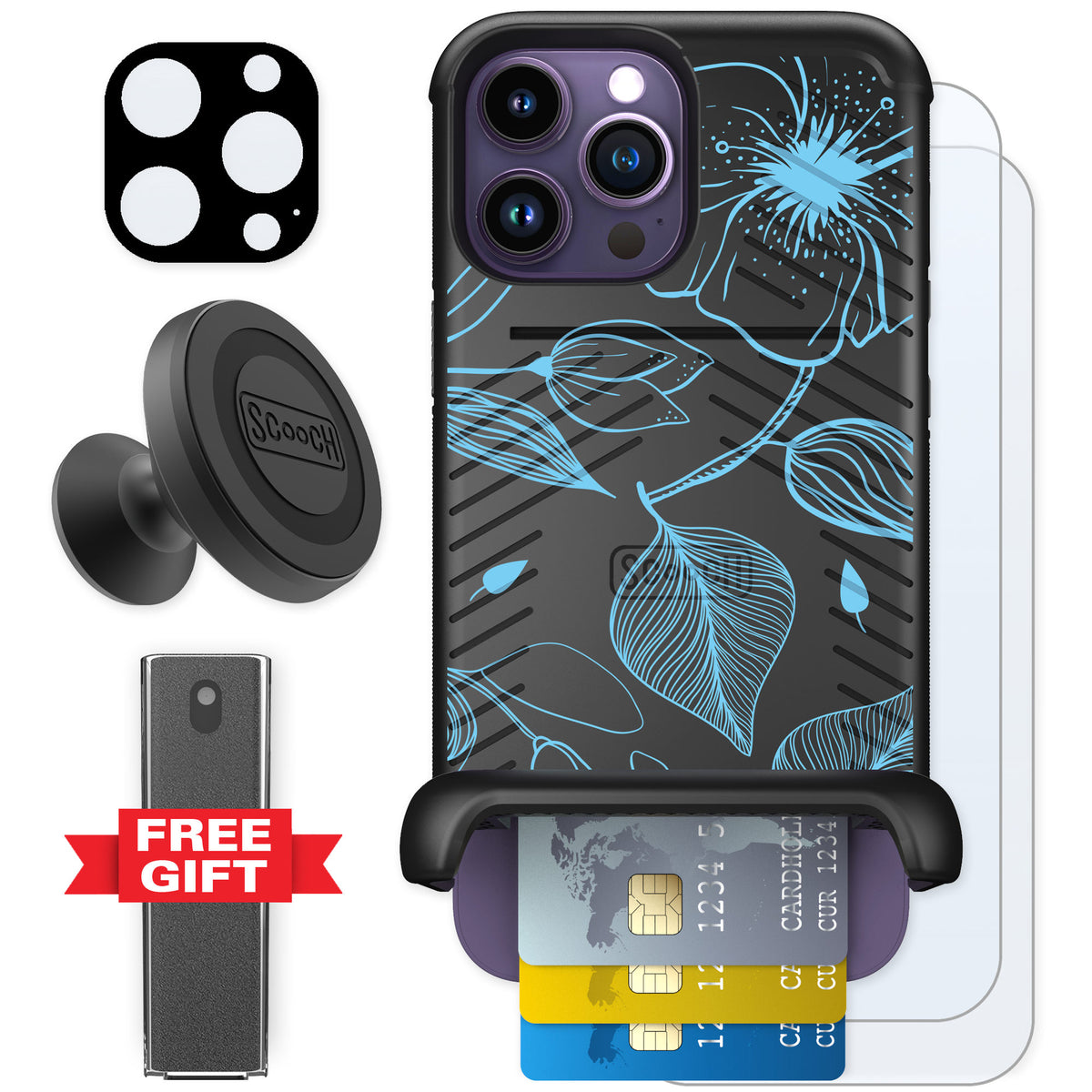 Scooch Wingmate Blue Hibiscus for iPhone 14 Pro Max — Defender Bundle