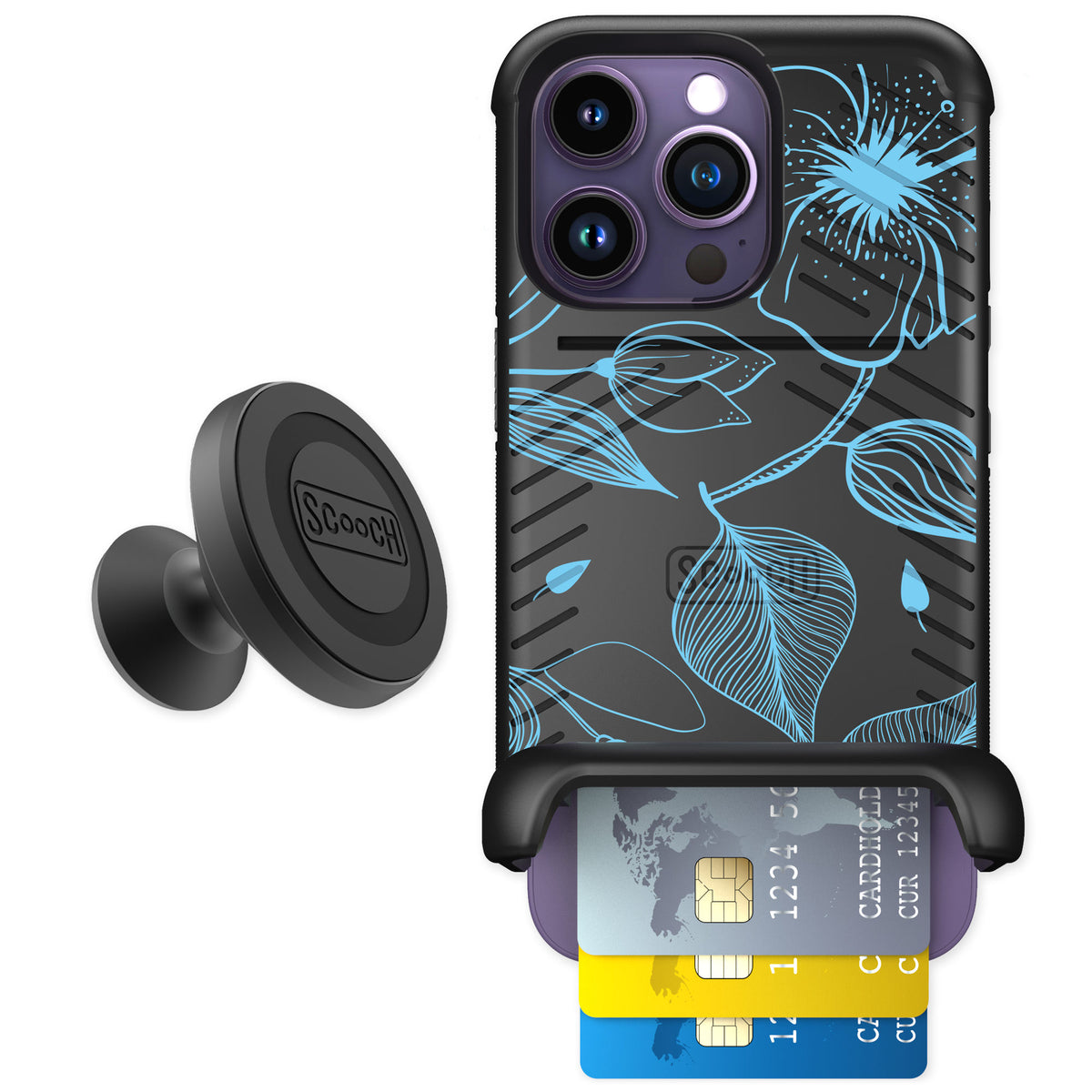 Scooch Wingmate Blue Hibiscus for iPhone 14 Pro — Starter Bundle