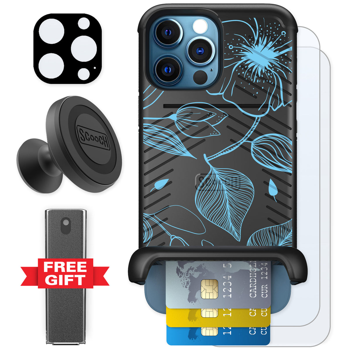 Scooch Wingmate Blue Hibiscus for iPhone 12 Pro Max — Defender Bundle