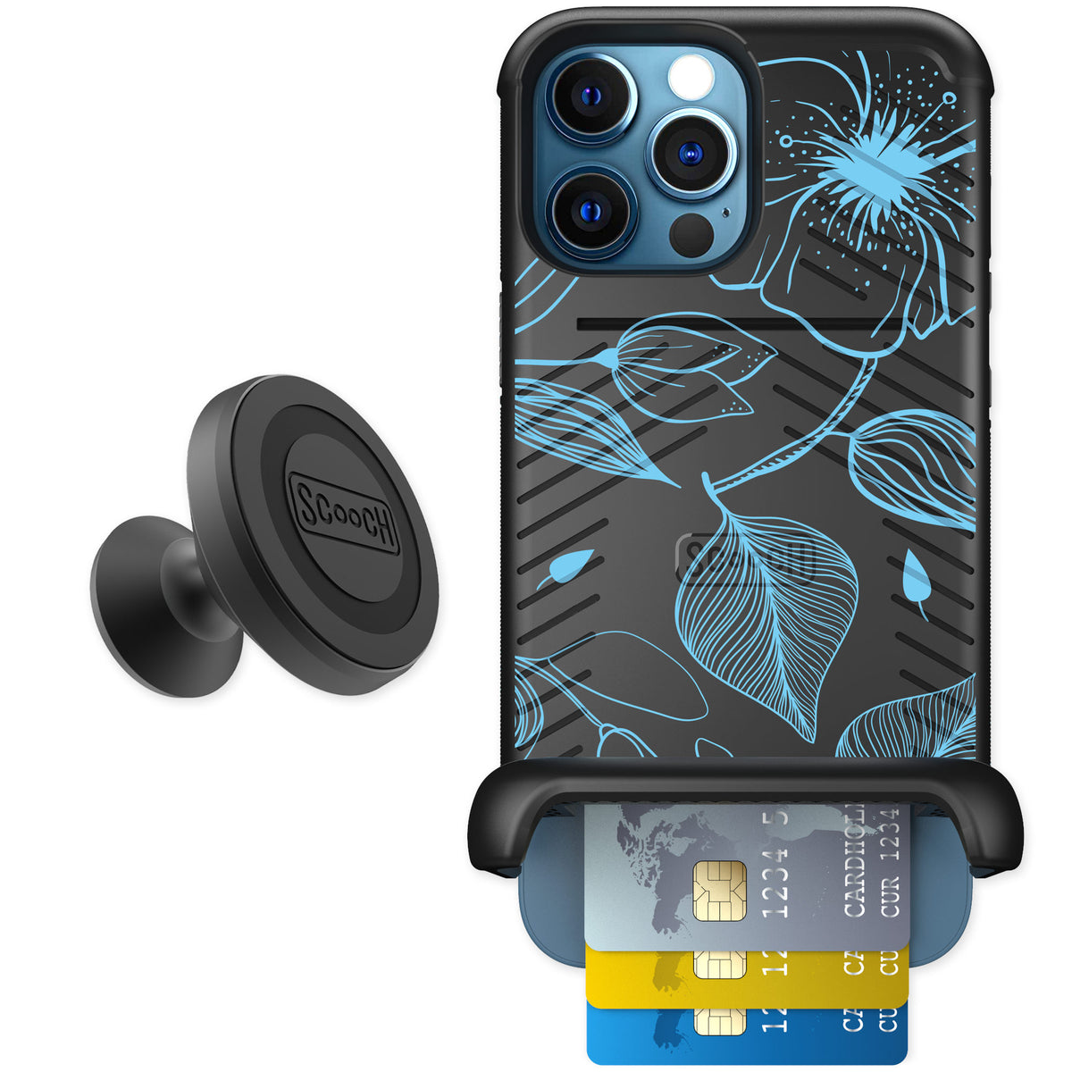 Scooch Wingmate Blue Hibiscus for iPhone 12 Pro — Starter Bundle