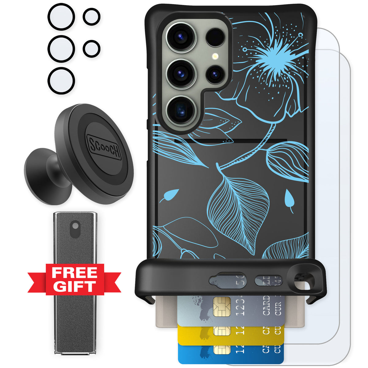 Scooch Wingmate Blue Hibiscus for Galaxy S24 Ultra — Defender Bundle