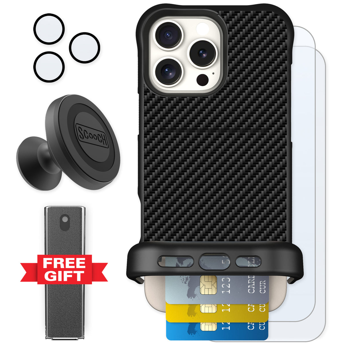 Scooch Wingmate Carbon Fiber for iPhone 16 Pro Max — Defender Bundle