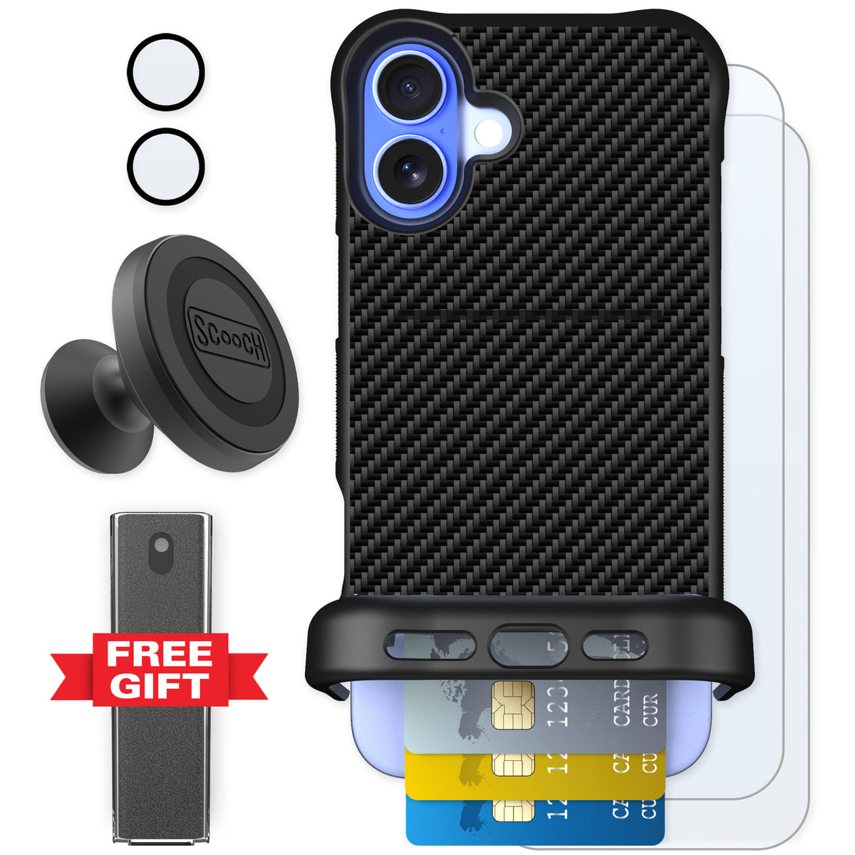 Scooch Wingmate Carbon Fiber for iPhone 16 Plus — Defender Bundle