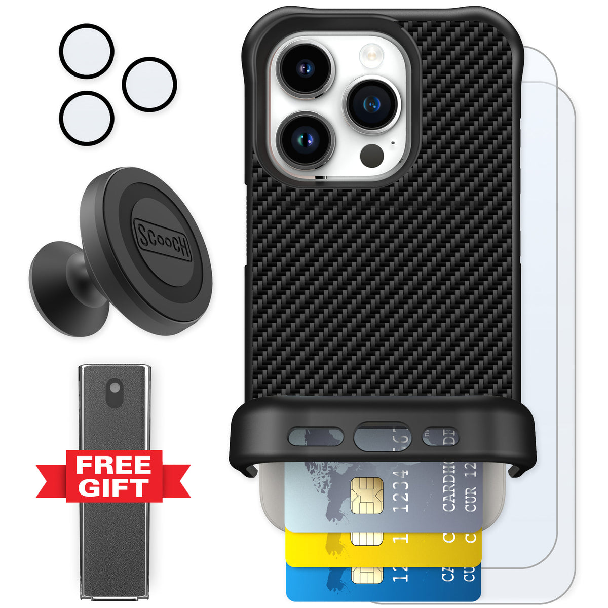 Scooch Wingmate Carbon Fiber for iPhone 15 Pro — Defender Bundle