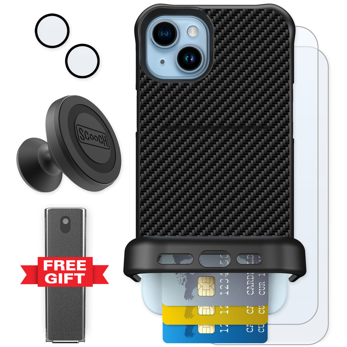Scooch Wingmate Carbon Fiber for iPhone 15 Plus — Defender Bundle