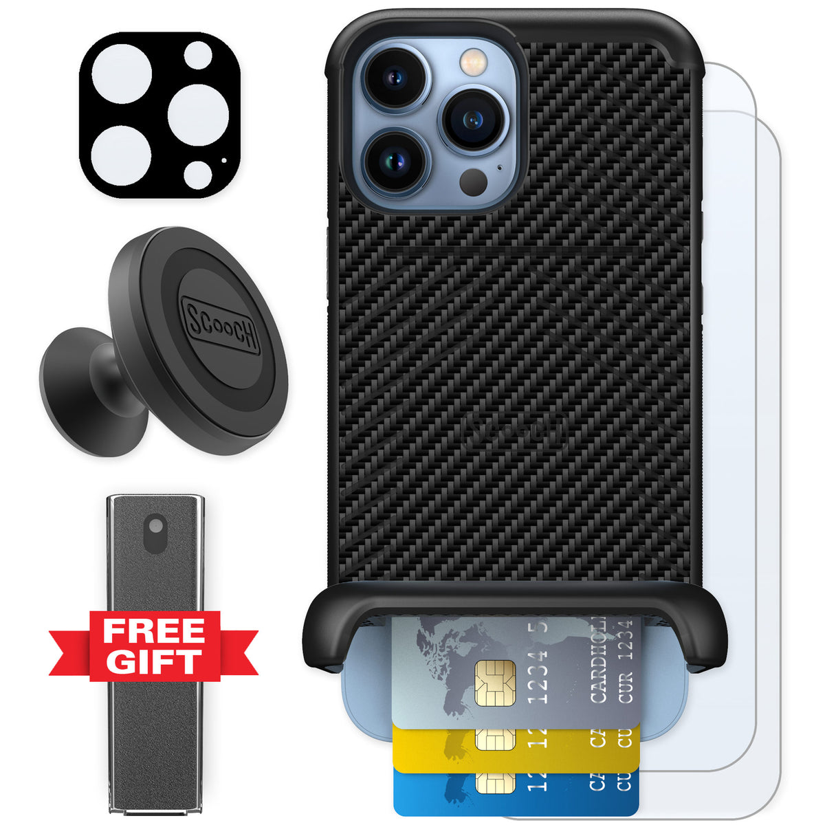 Scooch Wingmate Carbon Fiber for iPhone 13 Pro Max — Defender Bundle