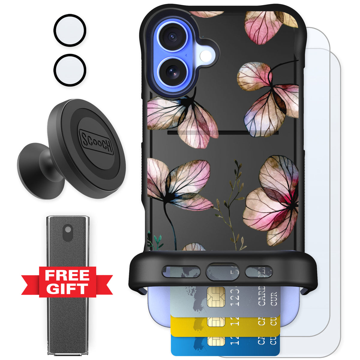 Scooch Wingmate Dried Flowers for iPhone 16 Plus — Defender Bundle
