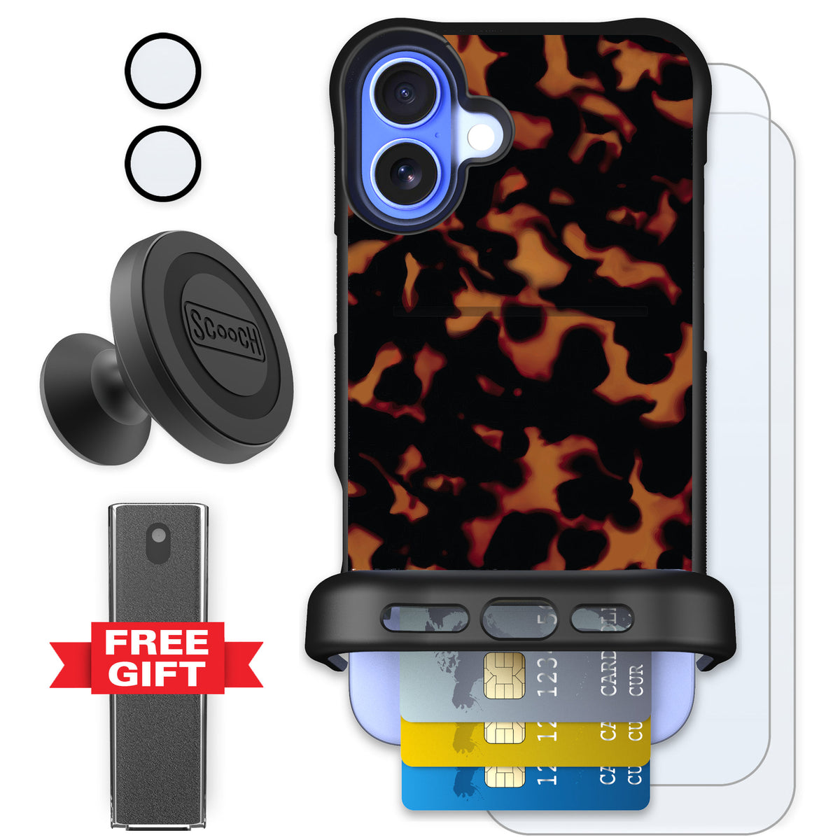 Scooch Wingmate Tortoise Shell for iPhone 16 Plus — Defender Bundle