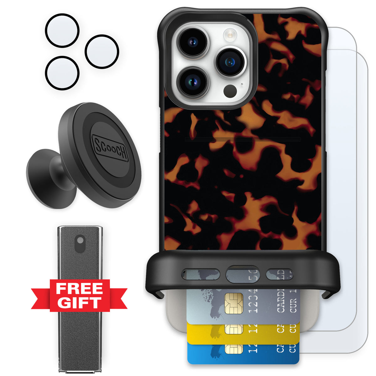 Scooch Wingmate Tortoise Shell for iPhone 15 Pro Max — Defender Bundle