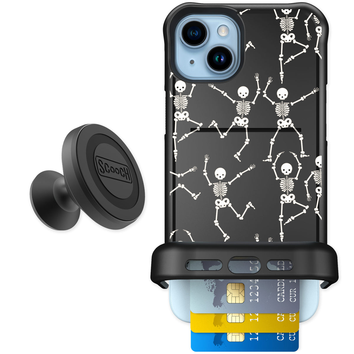 Scooch Wingmate Swinging Skeletons for iPhone 15 Plus — Starter Bundle