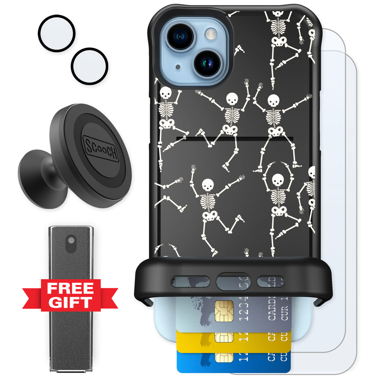 Scooch Wingmate Swinging Skeletons for iPhone 14 Plus — Defender Bundle