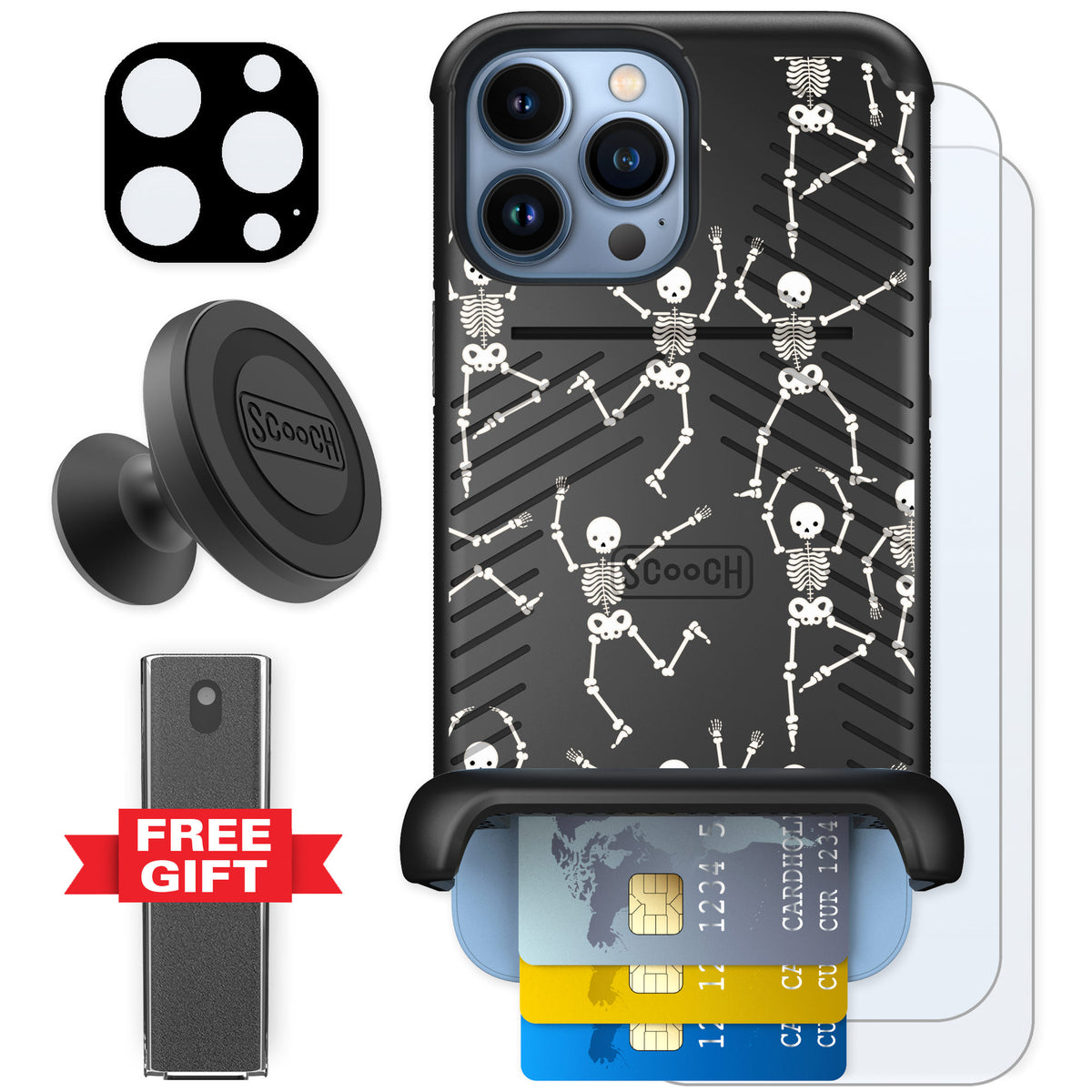 Scooch Wingmate Swinging Skeletons for iPhone 13 Pro Max — Defender Bundle