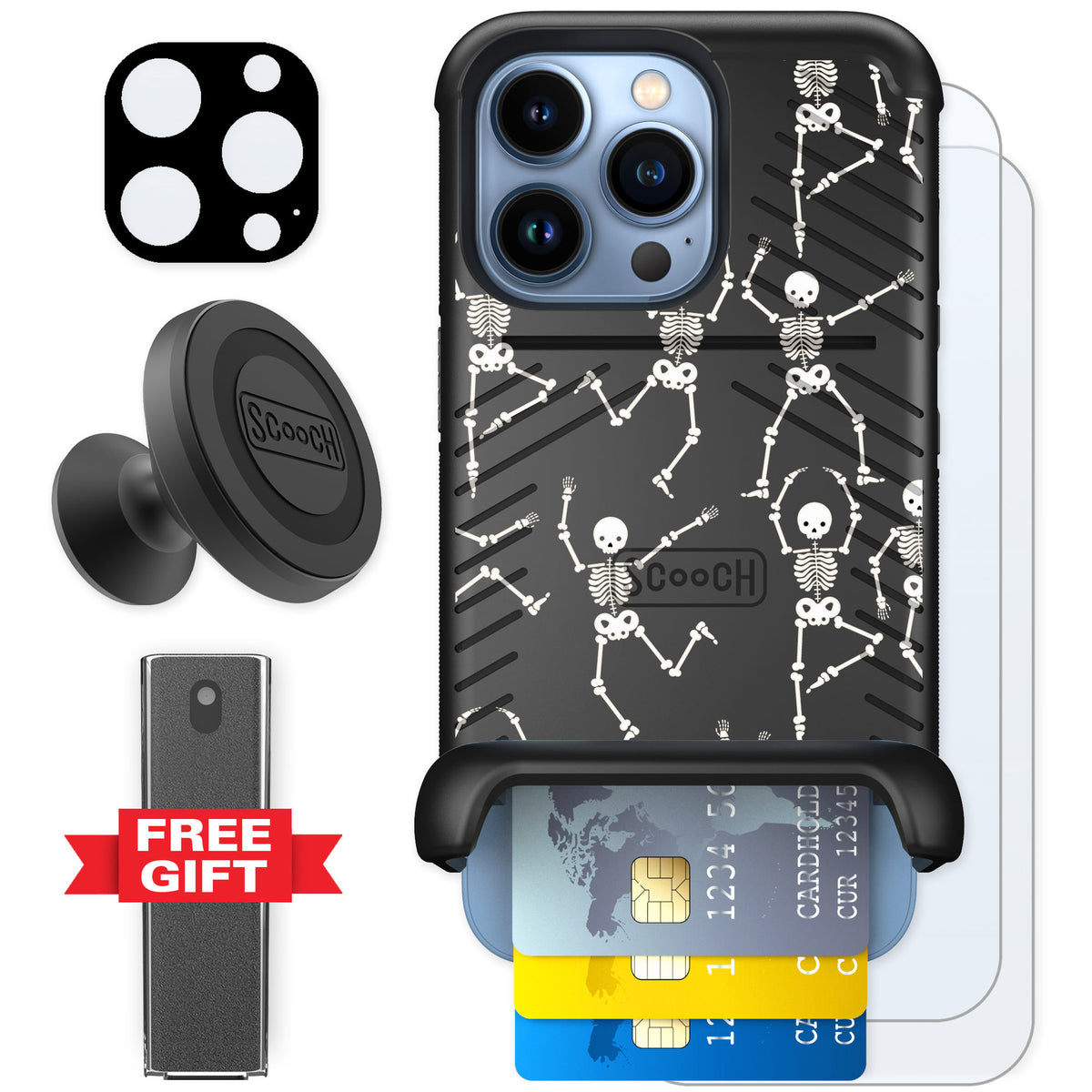 Scooch Wingmate Swinging Skeletons for iPhone 13 Pro — Defender Bundle
