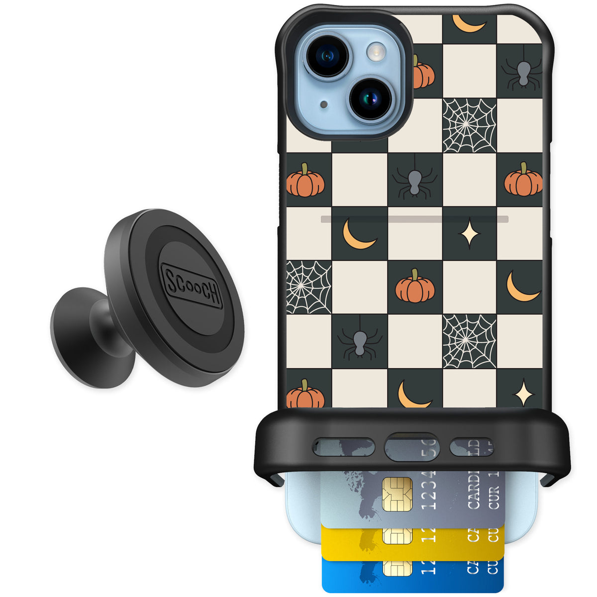 Scooch Wingmate Spooky Squares for iPhone 15 Plus — Starter Bundle