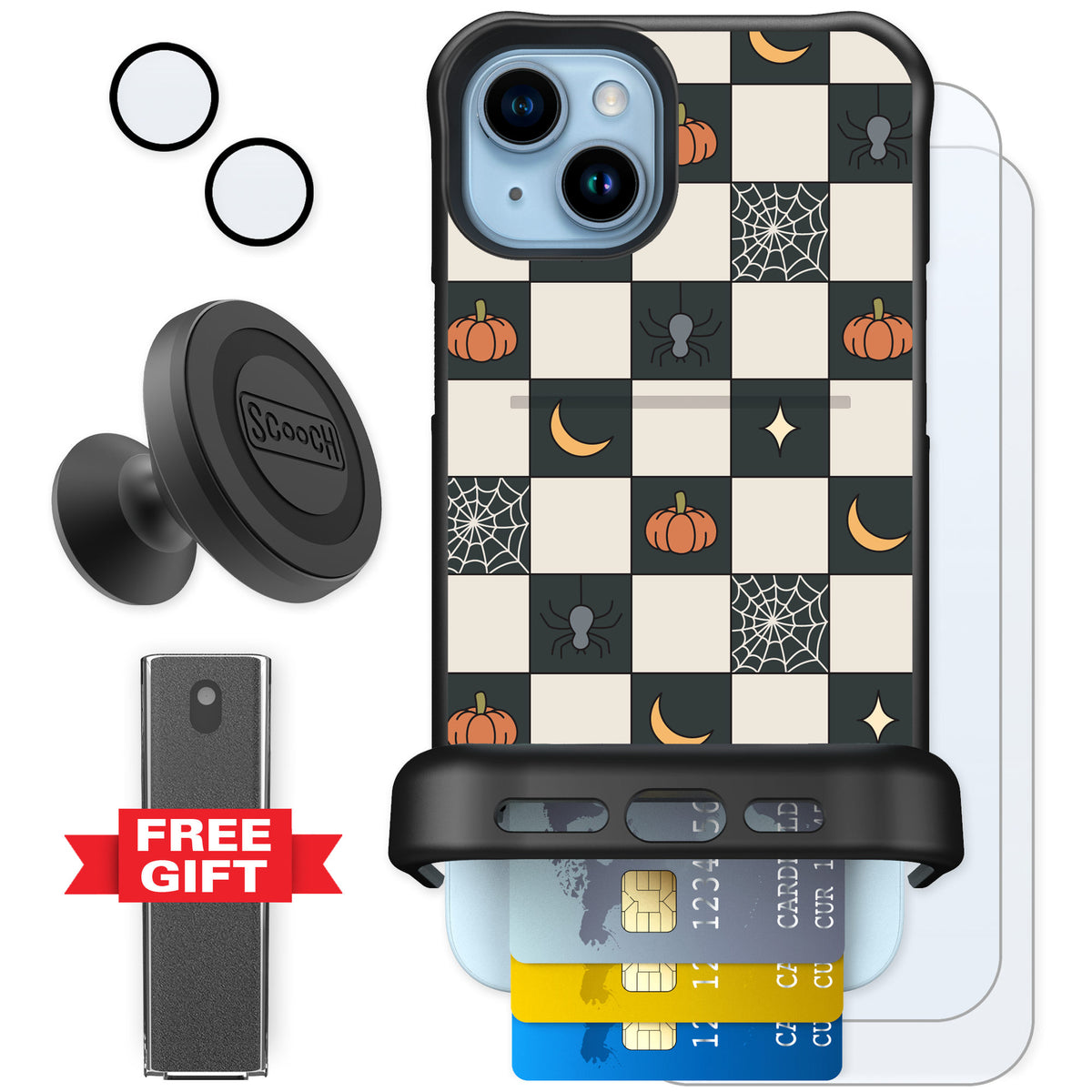 Scooch Wingmate Spooky Squares for iPhone 15 Plus — Defender Bundle