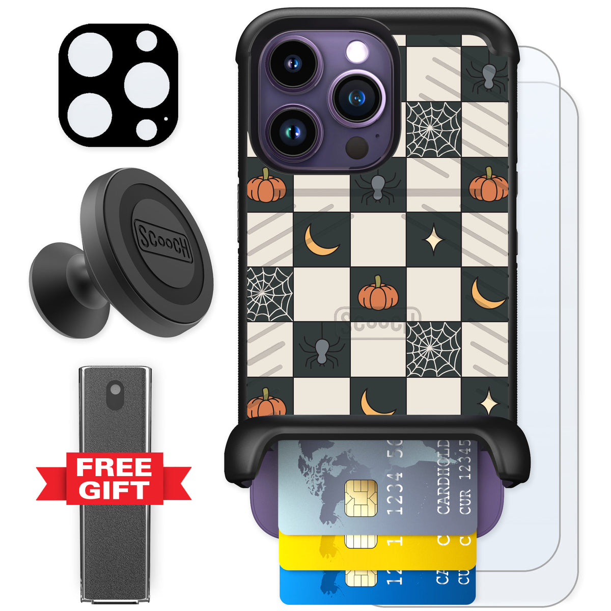 Scooch Wingmate Spooky Squares for iPhone 14 Pro — Defender Bundle