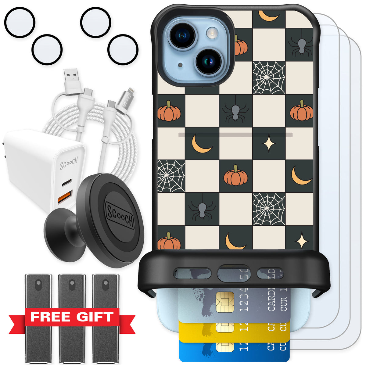 Scooch Wingmate Spooky Squares for iPhone 14 Plus — Ultimate Bundle