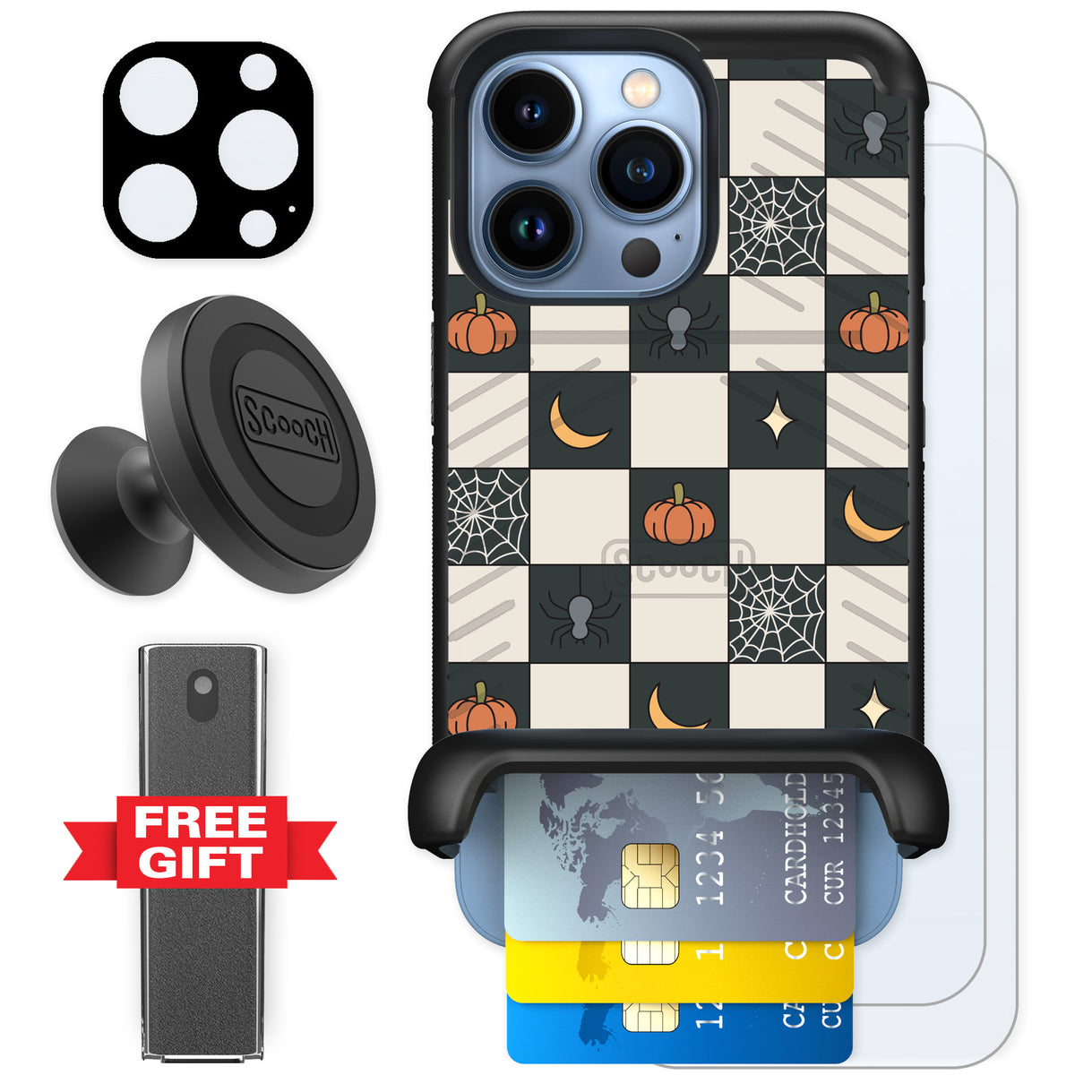 Scooch Wingmate Spooky Squares for iPhone 13 Pro — Defender Bundle
