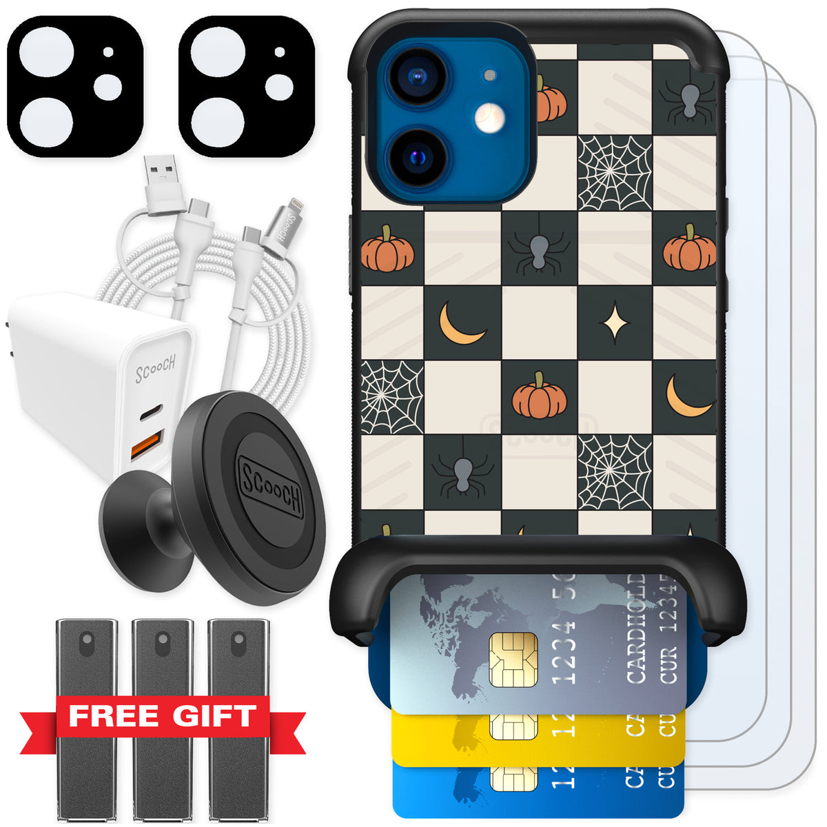 Scooch Wingmate Spooky Squares for iPhone 12 mini — Ultimate Bundle