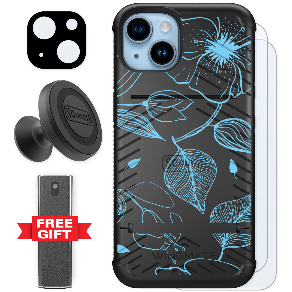 Scooch Wingmate Blue Hibiscus for iPhone 14 — Defender Bundle