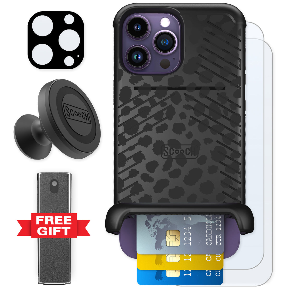 Scooch Wingmate Black Leopard for iPhone 14 Pro Max — Defender Bundle