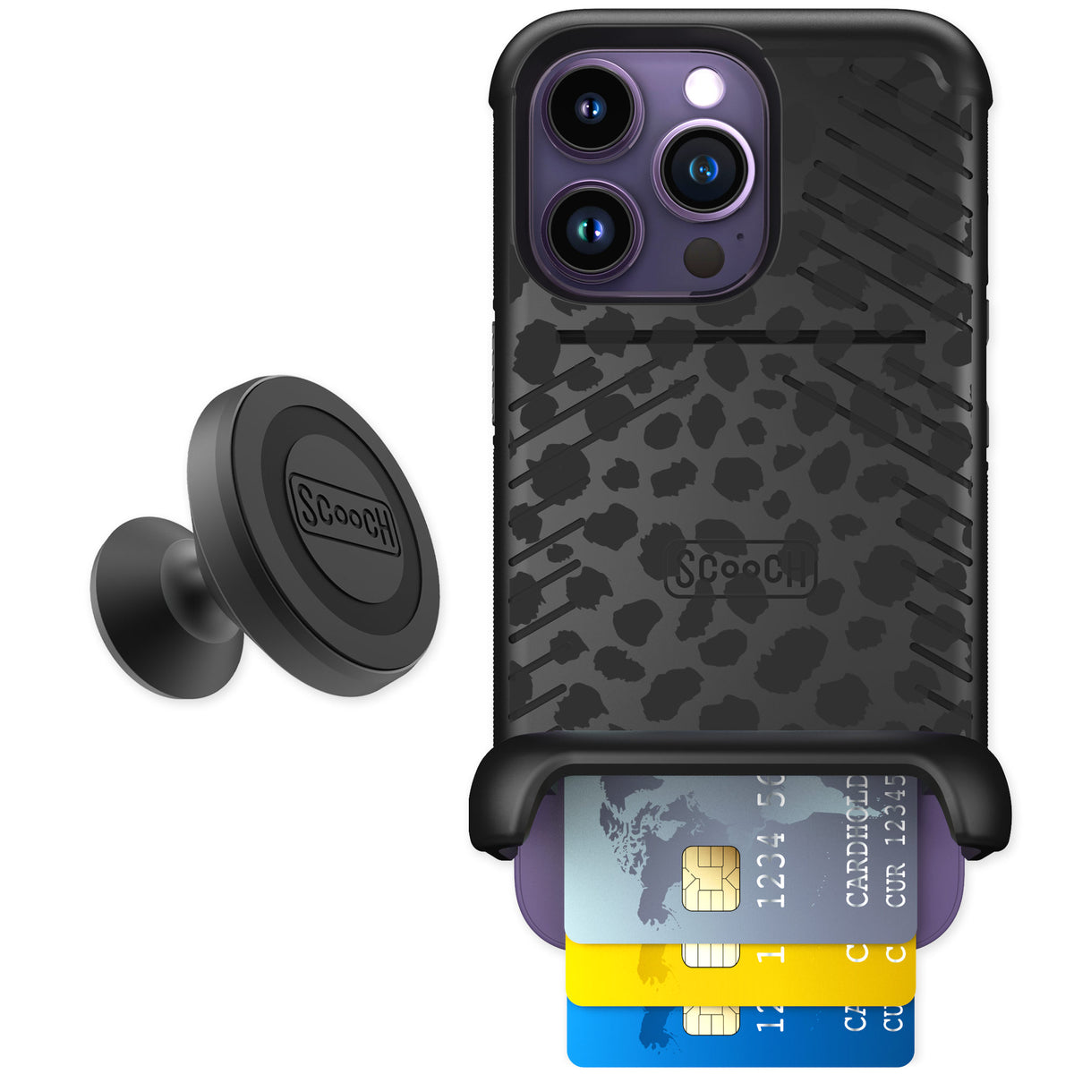 Scooch Wingmate Black Leopard for iPhone 14 Pro — Starter Bundle