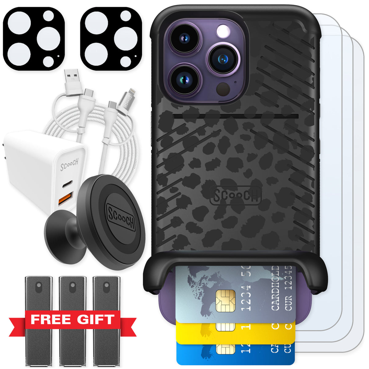 Scooch Wingmate Black Leopard for iPhone 14 Pro — Ultimate Bundle