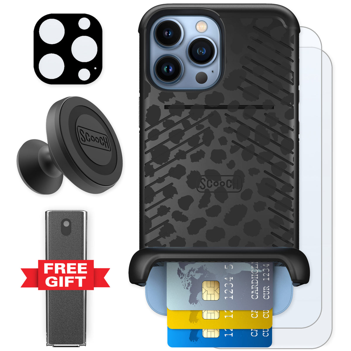 Scooch Wingmate Black Leopard for iPhone 13 Pro Max — Defender Bundle