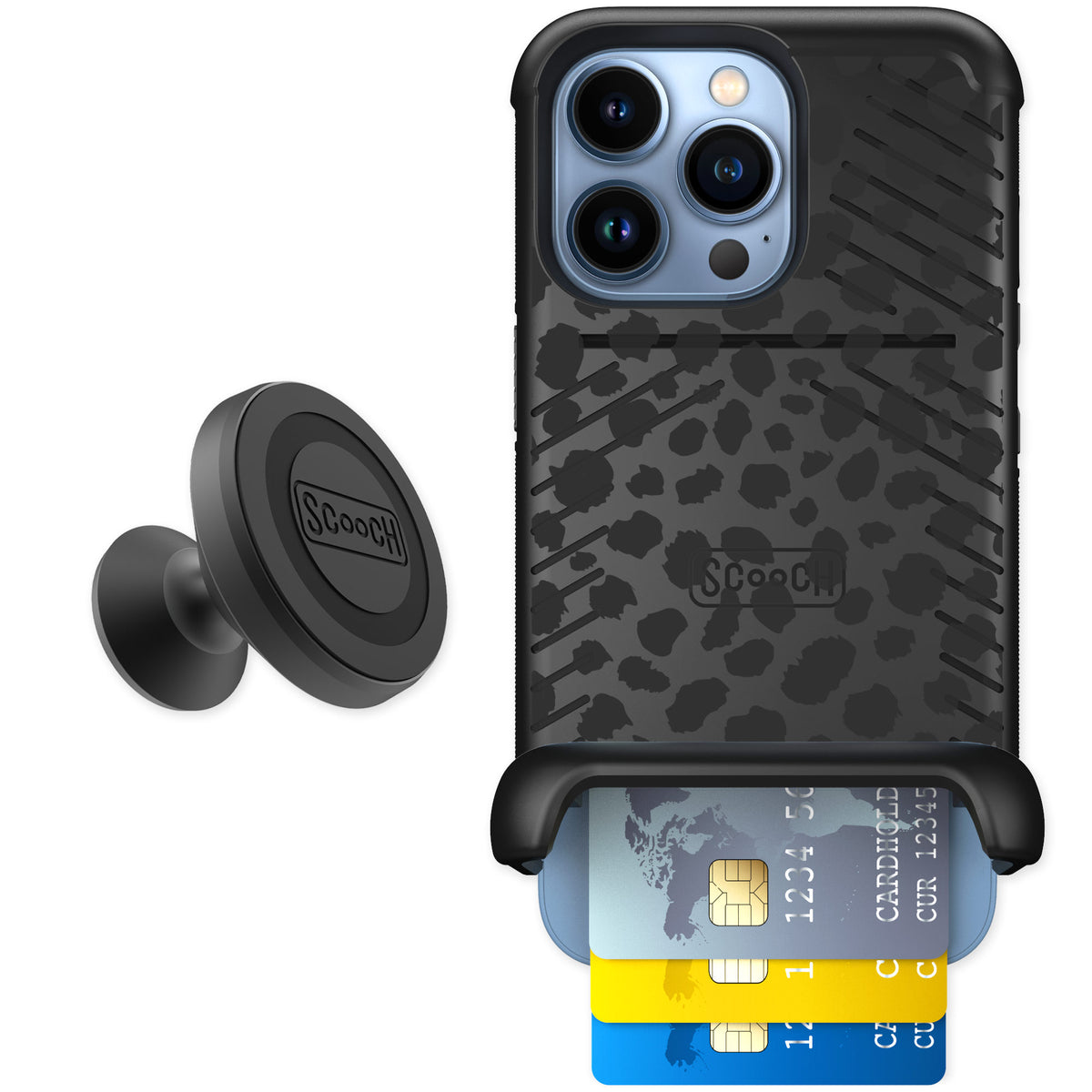 Scooch Wingmate Black Leopard for iPhone 13 Pro — Starter Bundle